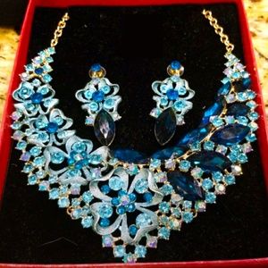 Blue Rhinestone Necklace and Earrings Grand Statement 2 pc